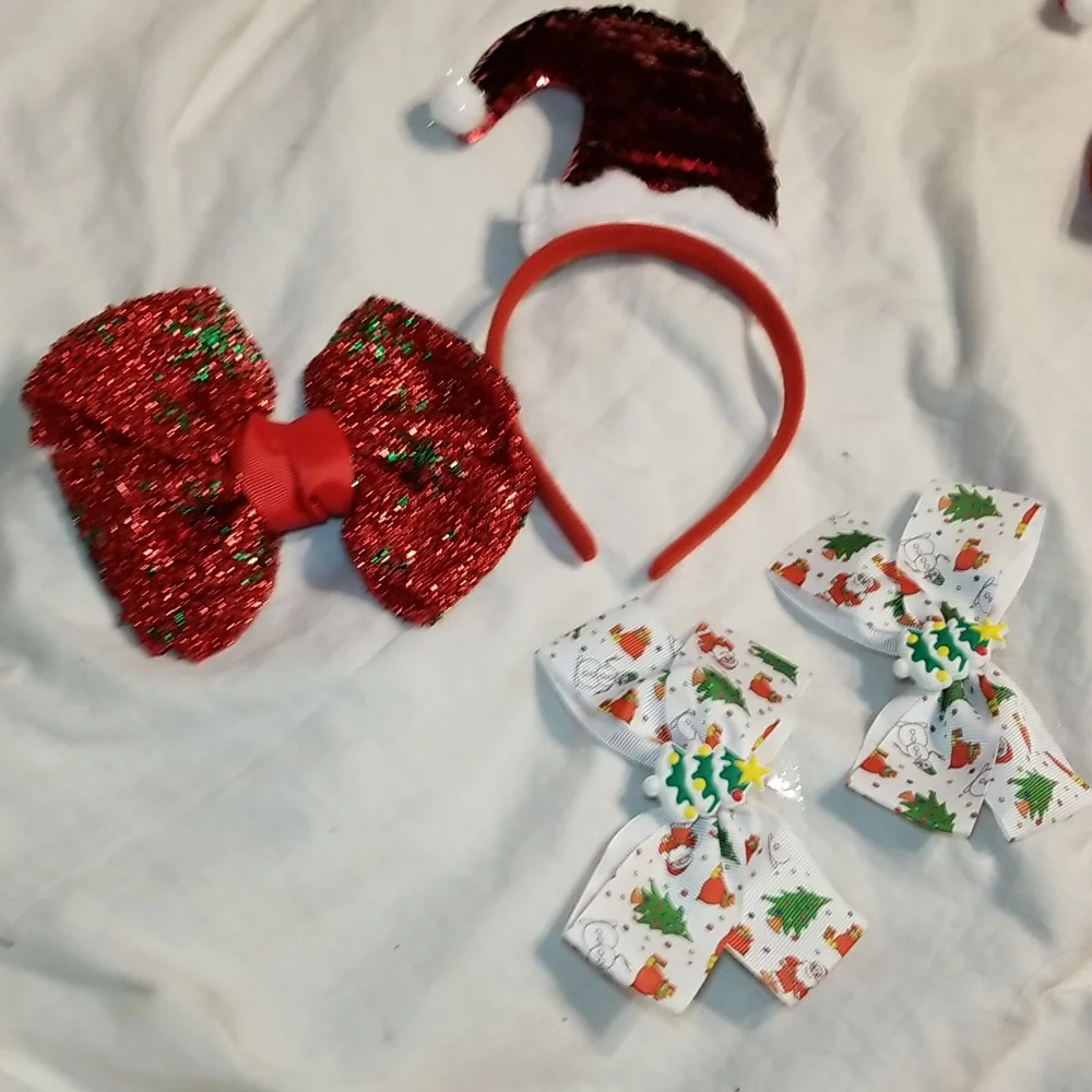 HOLIDAY HAIR BLING FASCINATOR SANTA HAT GLITTER BOW SET OF CHRISTMAS TREE RIBBON